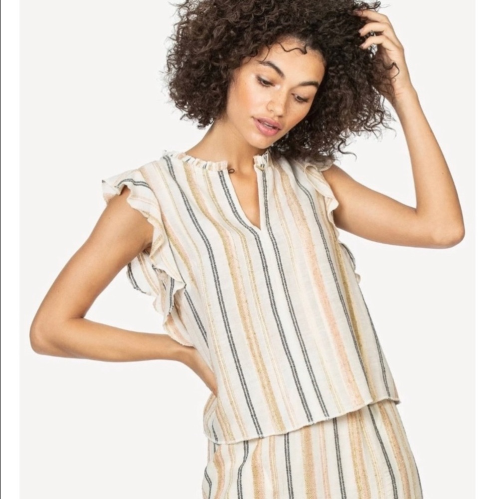 Lilla P Woven Stripe Ruffle Sleeve Tank - Size Large